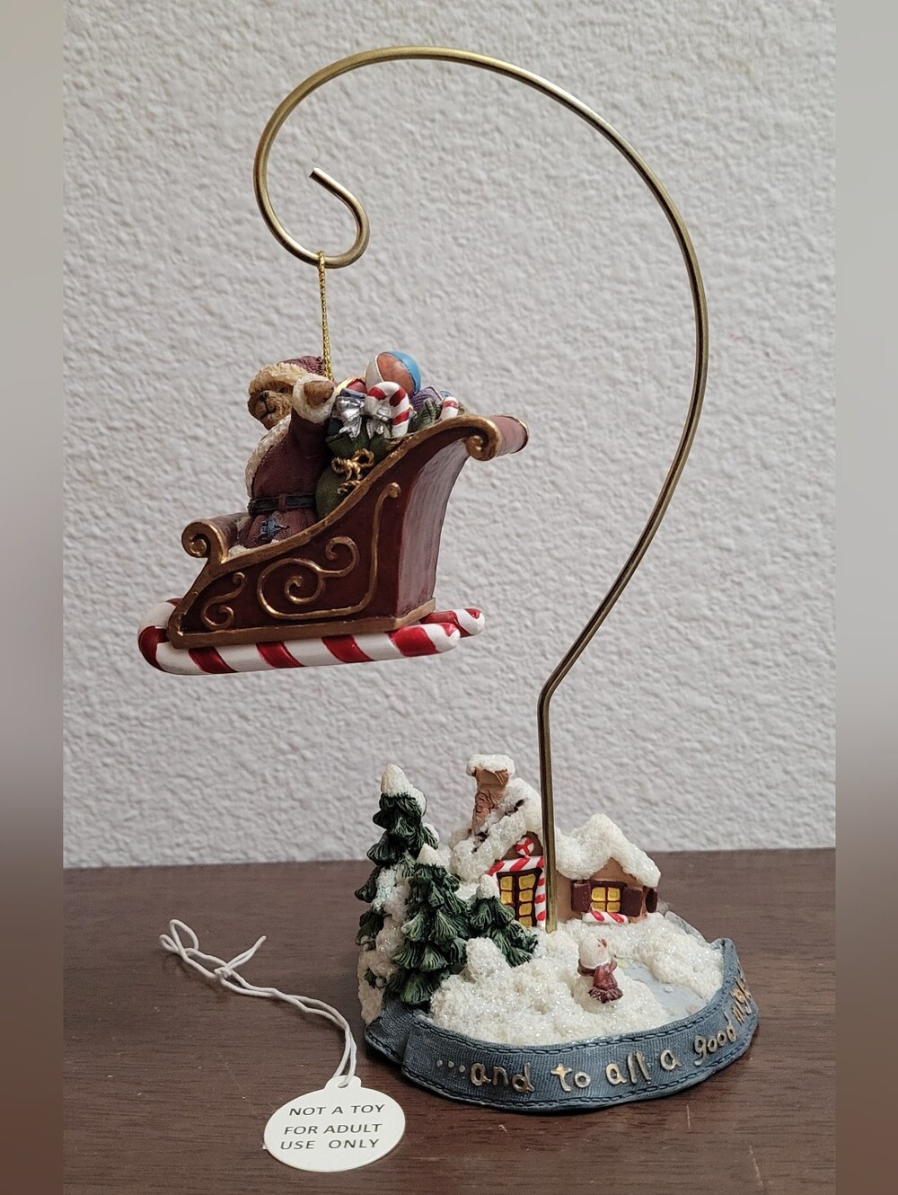 Boyds Bears Red and White Santa Sleigh Ornament with Snowy Village Base